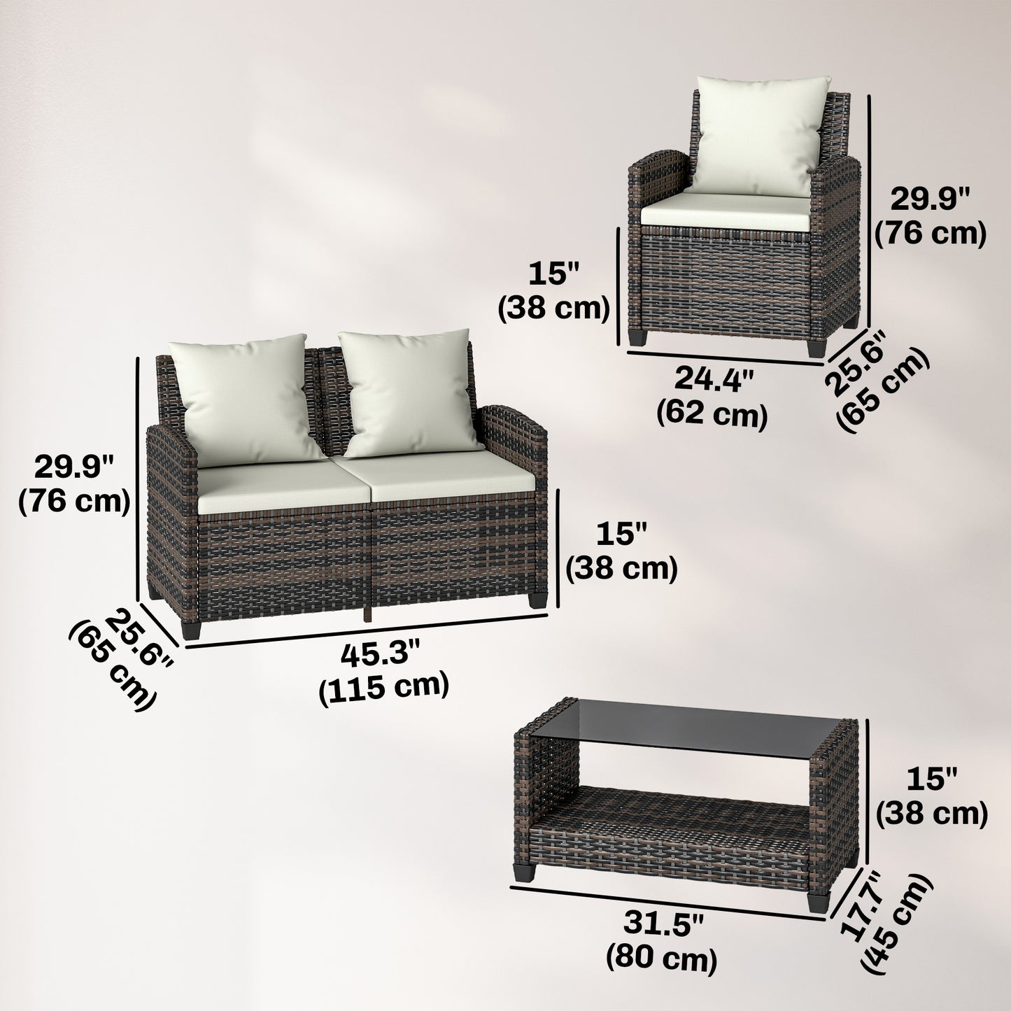 4-Piece Outdoor Wicker Patio Furniture Conversation Set, Includes Loveseat, Chairs and 2-Tier Table with Cushions, Moder