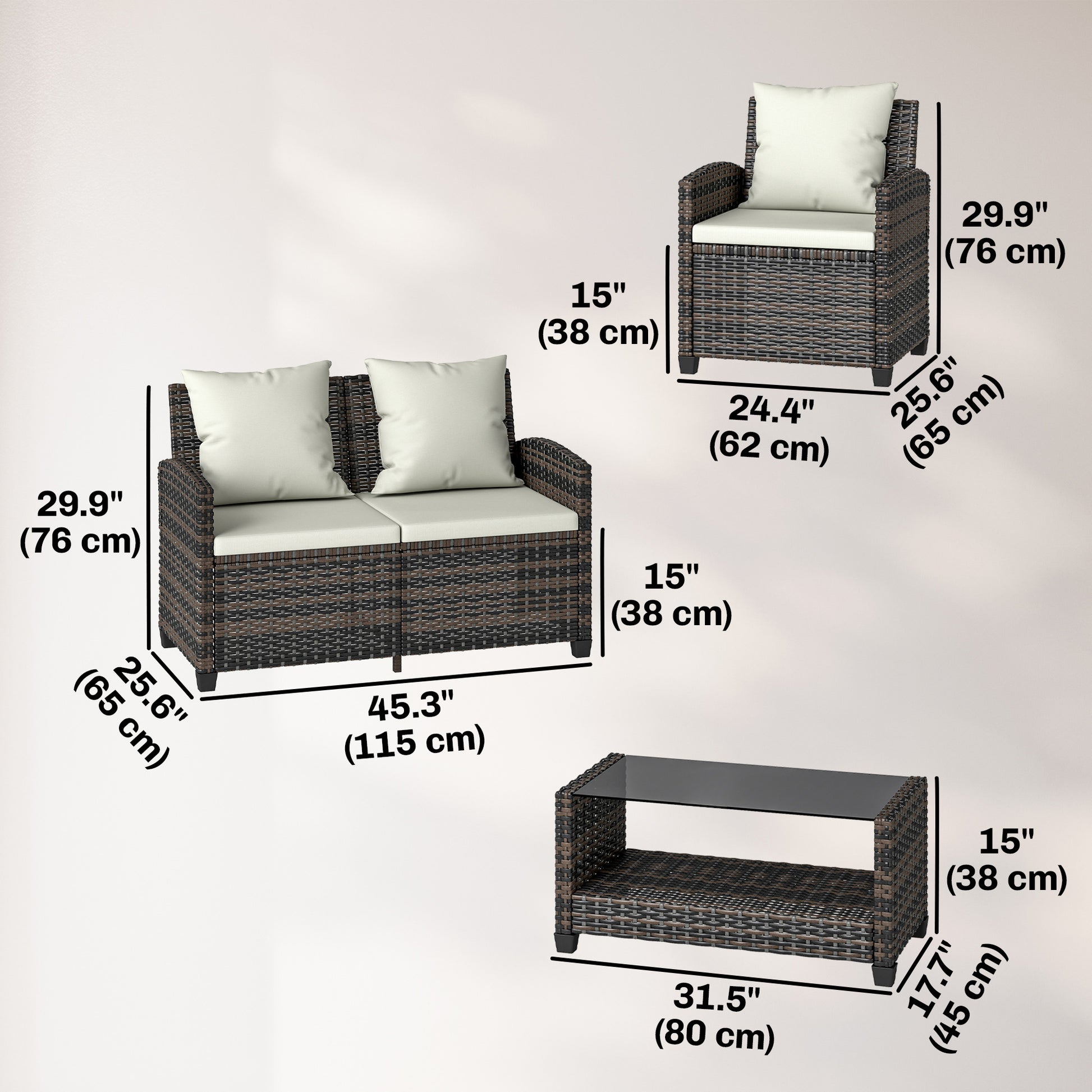 4-Piece Outdoor Wicker Patio Furniture Conversation Set, Includes Loveseat, Chairs and 2-Tier Table with Cushions, Moder