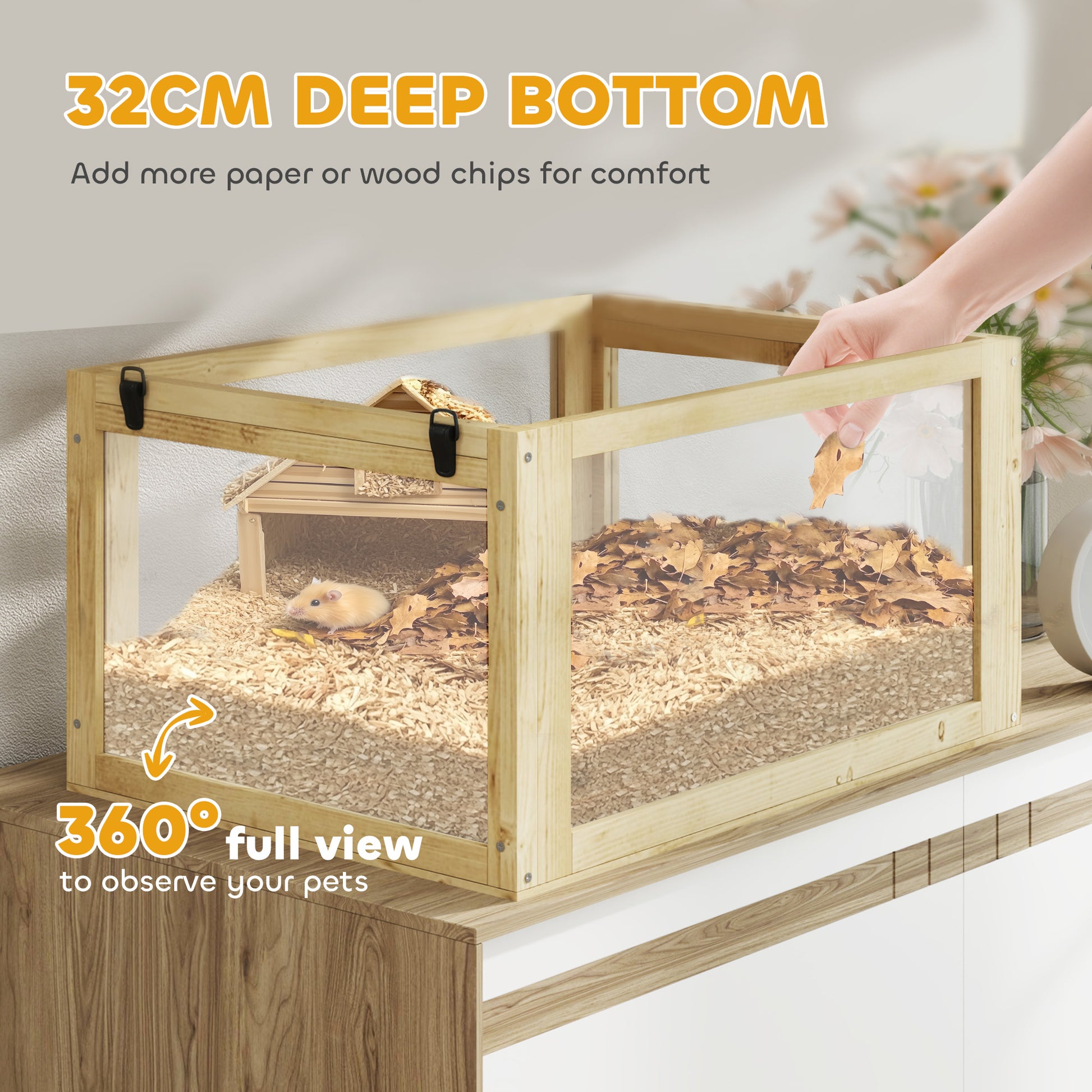 Wooden Hamster Cage, 3 Tier Gerbil Cage with Deep Bottom, Hut, Seesaw, Exercise Wheel, Ramps, 24" x 16" x 29.5"