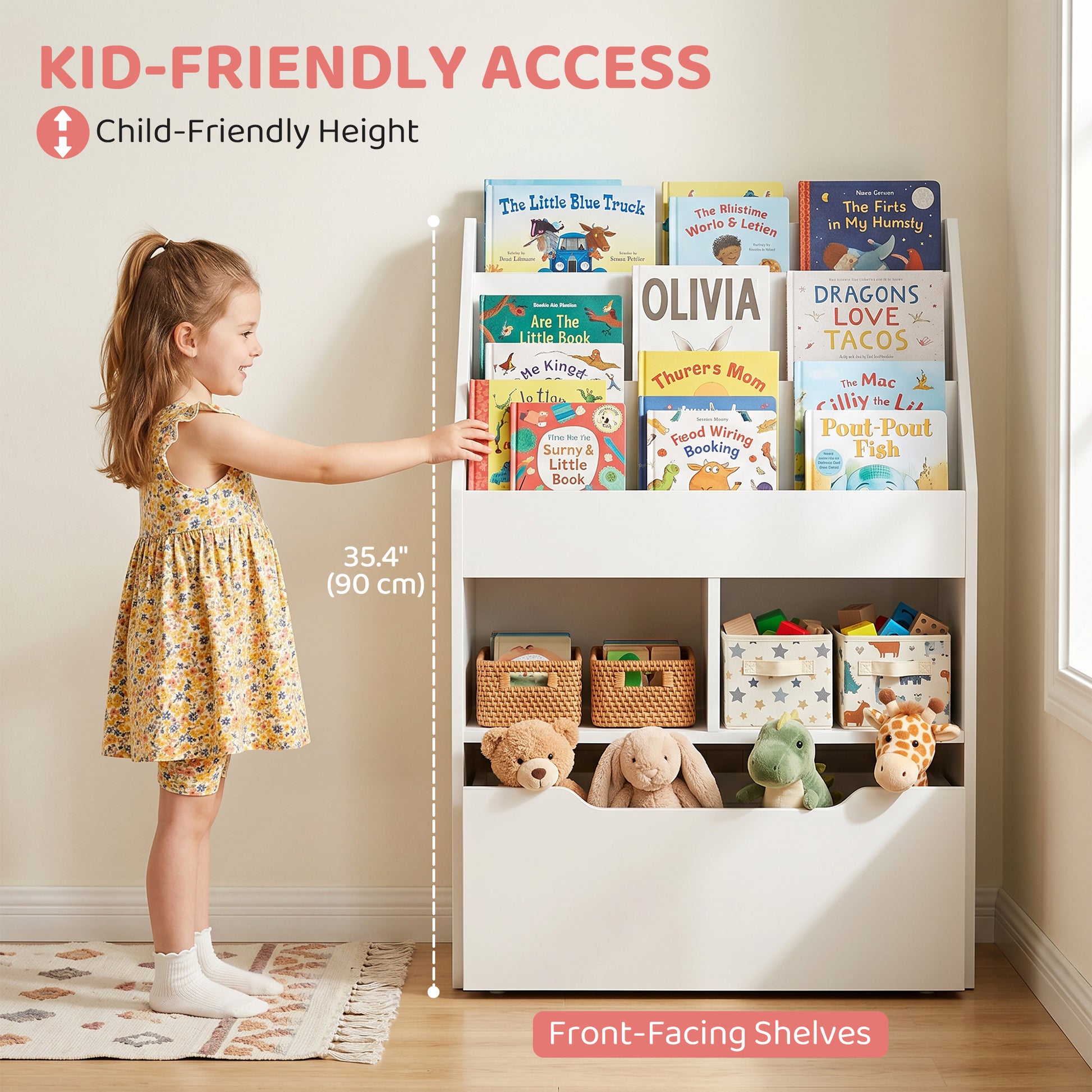 Kids Bookshelf Bookcase, Montessori-Inspired 4 Tier Large Capacity Rack Organizer with Moveable Drawer for Books for Rea