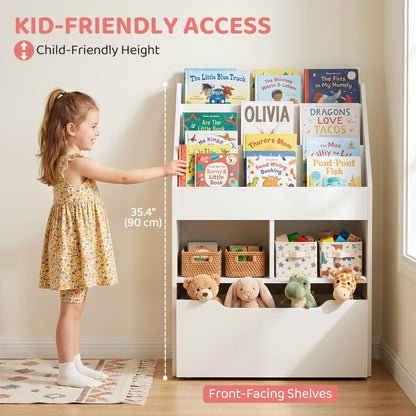 Kids Bookshelf Bookcase, Montessori-Inspired 4 Tier Large Capacity Rack Organizer with Moveable Drawer for Books for Rea