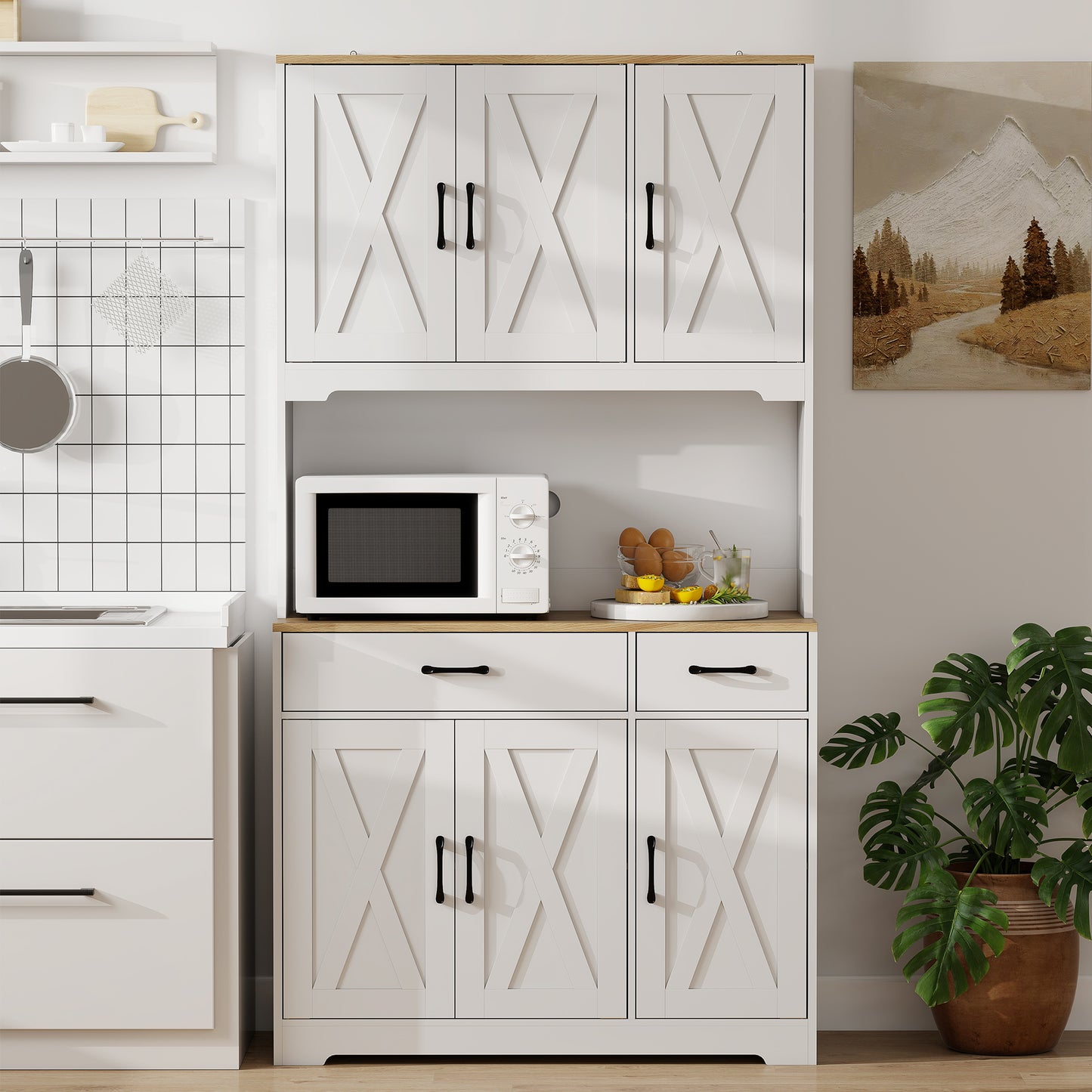 Tall Kitchen Pantry, 6 Doors, 2 Drawers, Adjustable Shelves & Worktop, Rustic Storage Cabinet for Living Room White