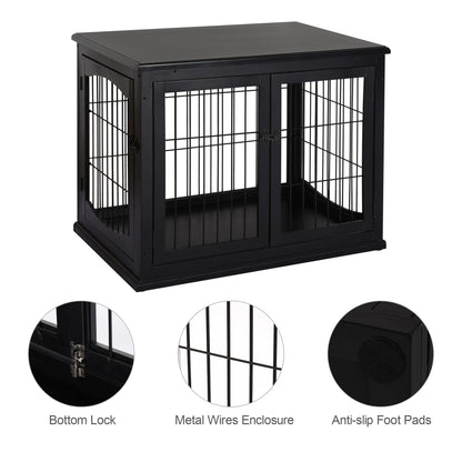 26" Wooden Dog Cage with Double Door Entrance & Simple Modern Design, Black