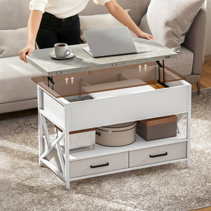 Modern Coffee Table, Lift Top Center Table with Fabric Drawers and Hidden Storage for Living Room, Cement Grey