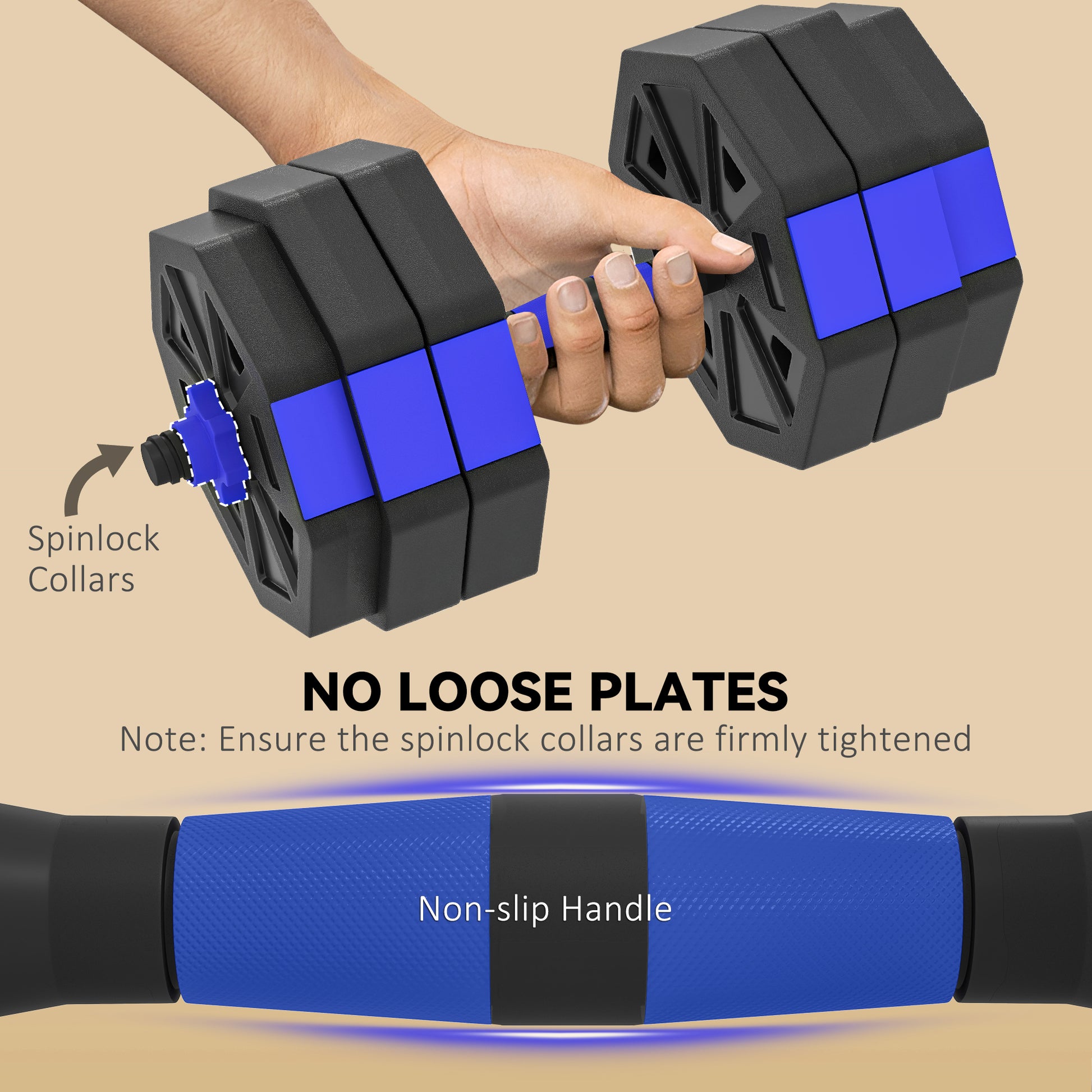 Soozier 6-in-1 Adjustable Dumbbell Set, Used as Kettlebell, Barbell, Dumbbell, Push-Up Stand, 55lbs Free Weights Set, Bl
