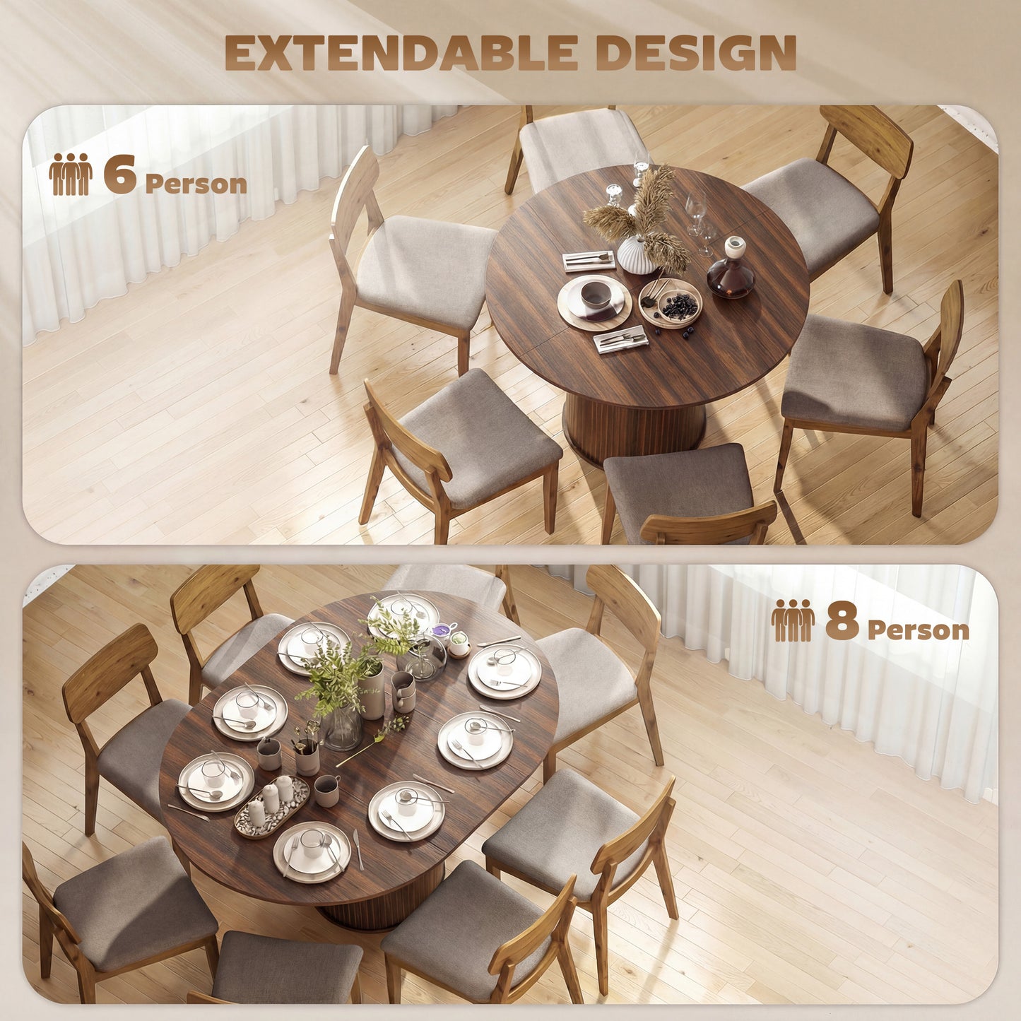 Extendable Kitchen Table for 6-8, 43.5"-59" Farmhouse Dining Table with Pedestal Base Walnut Wood Grain