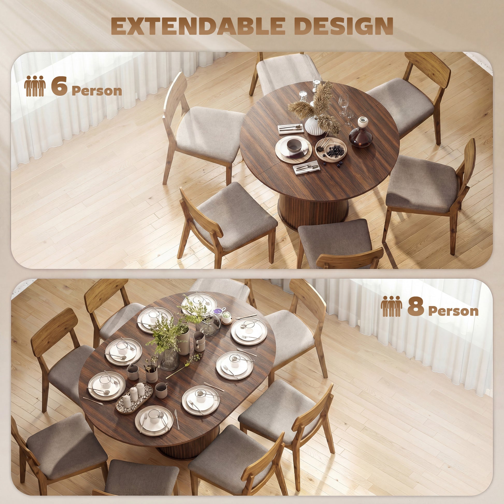 Extendable Kitchen Table for 6-8, 43.5"-59" Farmhouse Dining Table with Pedestal Base Walnut Wood Grain