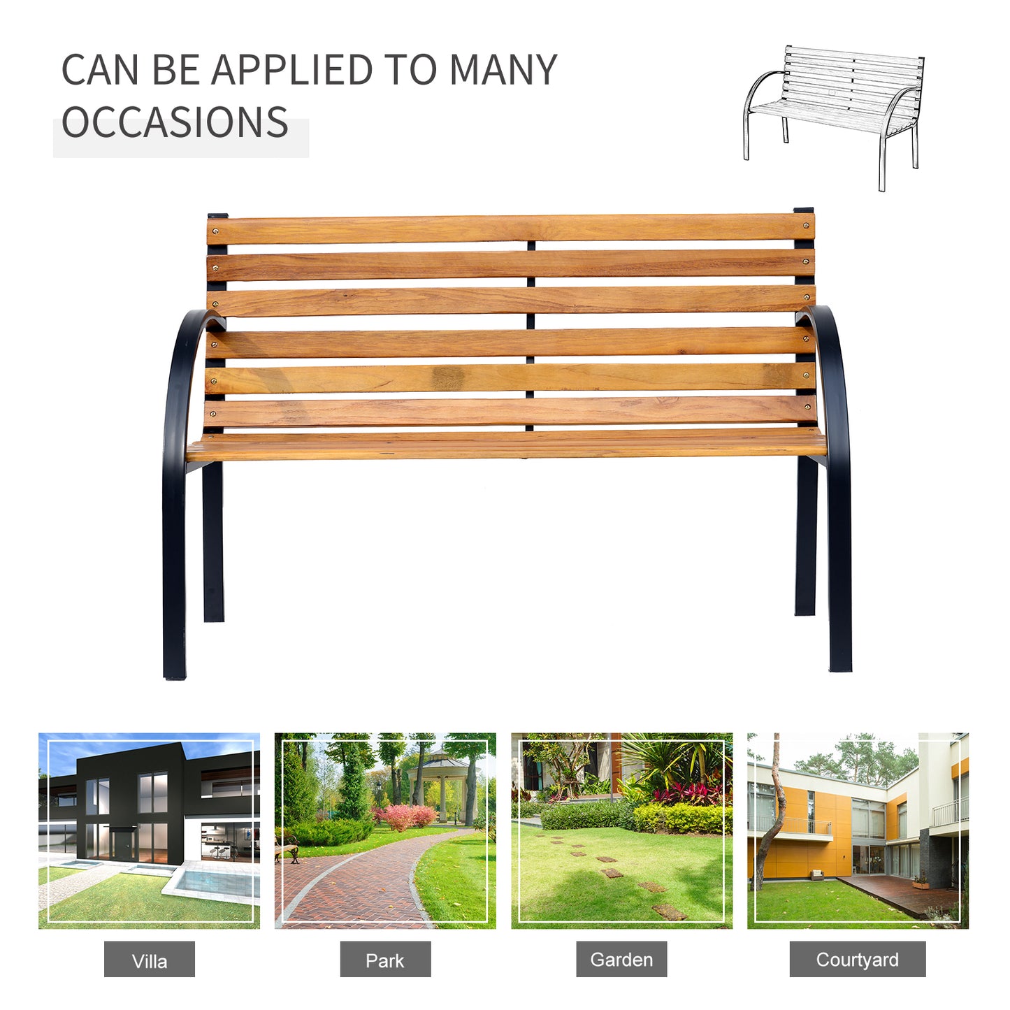 48"L Garden Bench Outdoor Patio 2-Person Wooden Seat Chair Park Loveseat  Yard Furniture w/ Steel Frame