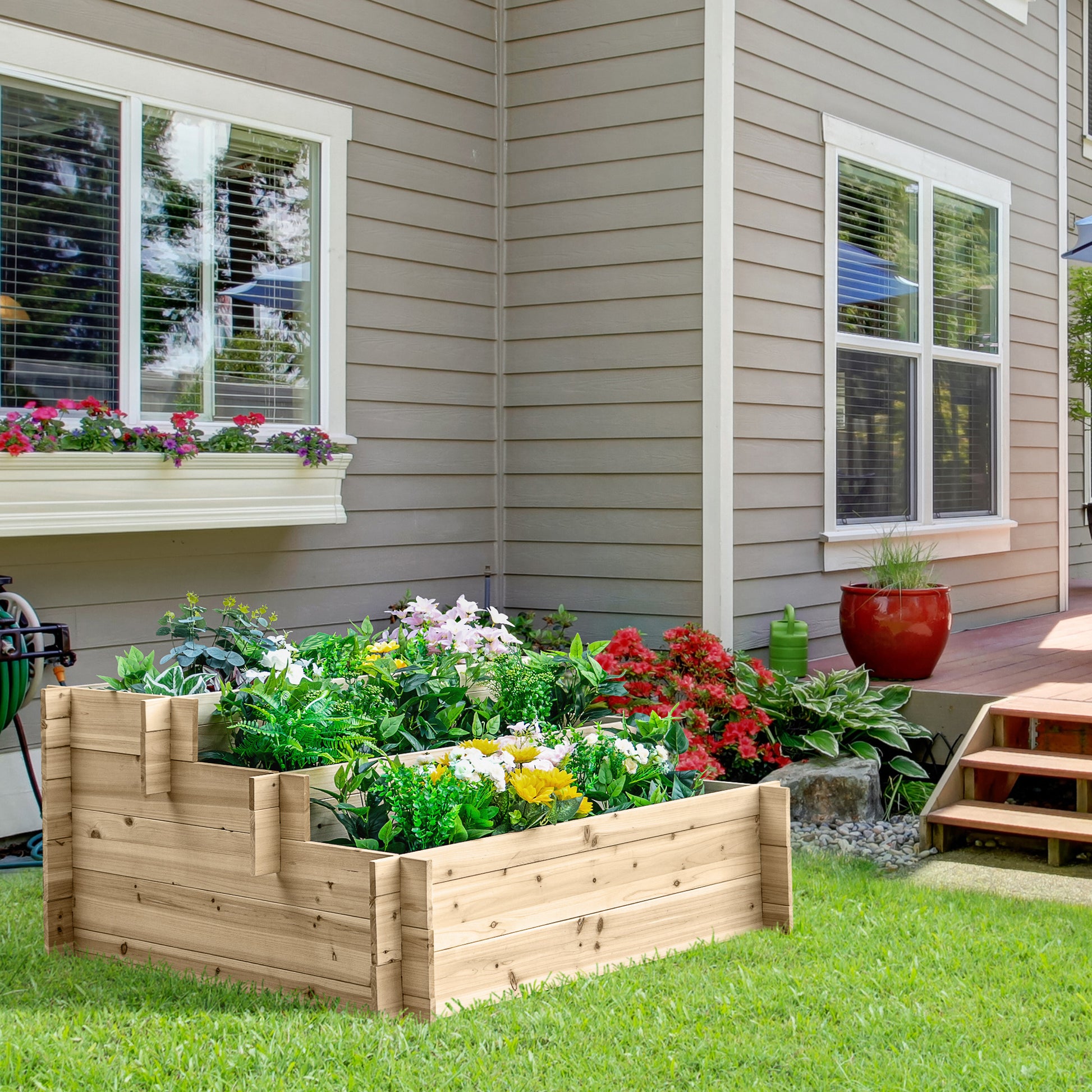 3-Tier Wood Raised Garden Bed, 47.2" x 39.4" x 21.3" Elevated Planting Box, Outdoor Vegetable Flower Container, Herb Gar