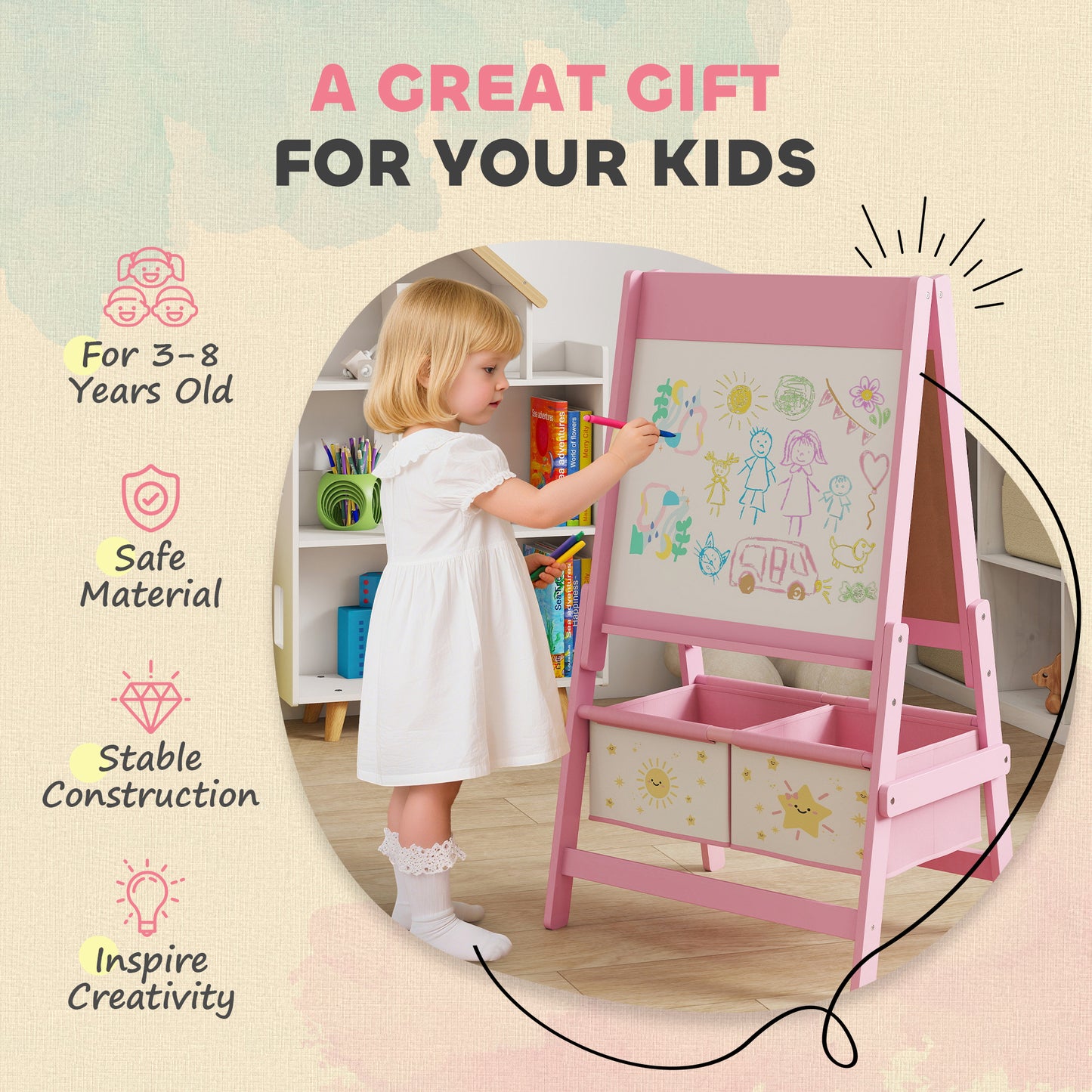 Qaba Art Easel for Kids, Double-Sided Whiteboard & Chalkboard with Paper Roll, 2 Storage Boxes, Gift for Boys, Girls, Pi