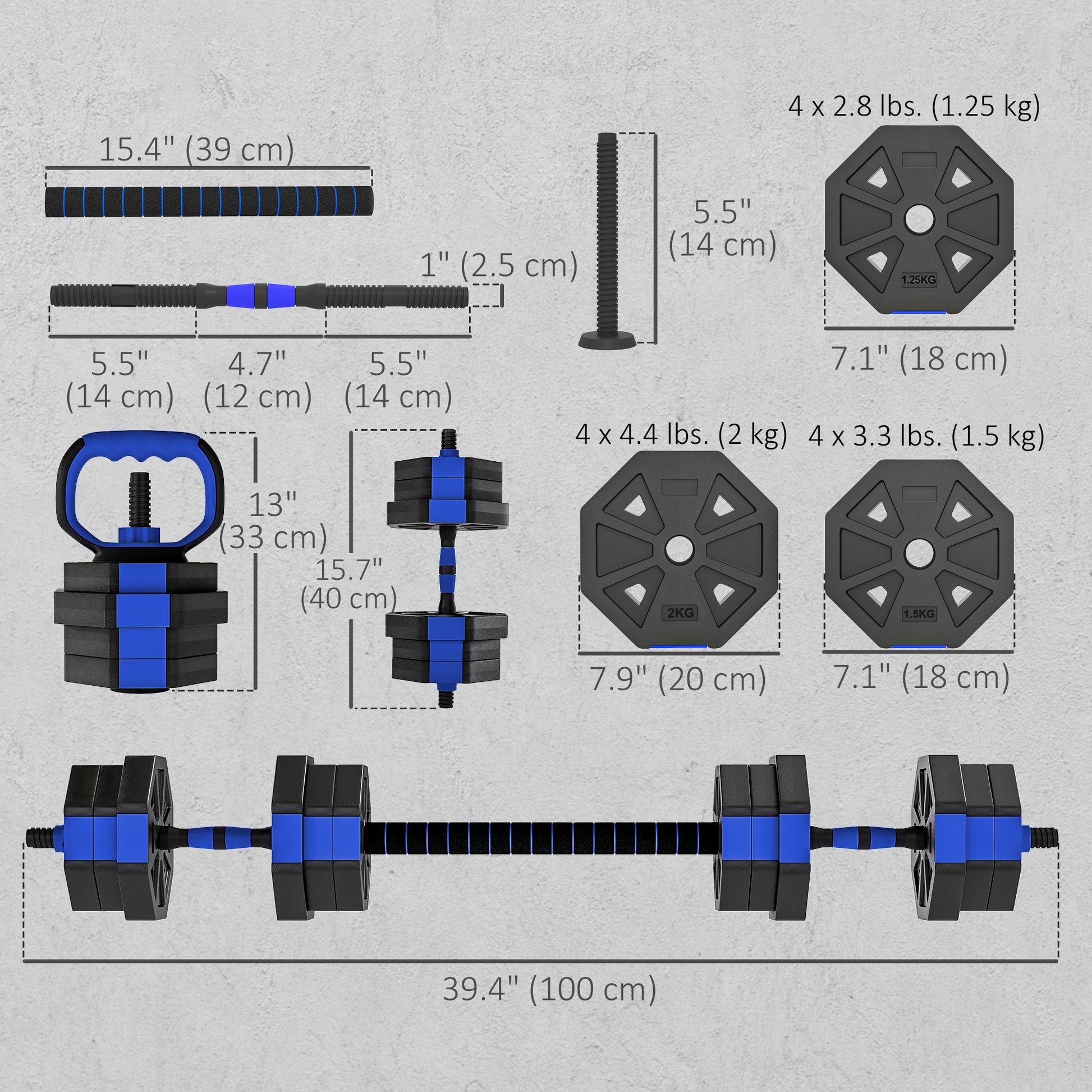 Soozier 6-in-1 Adjustable Dumbbell Set, Used as Kettlebell, Barbell, Dumbbell, Push-Up Stand, 44lbs Free Weights Set, Bl