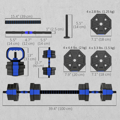 Soozier 6-in-1 Adjustable Dumbbell Set, Used as Kettlebell, Barbell, Dumbbell, Push-Up Stand, 44lbs Free Weights Set, Bl