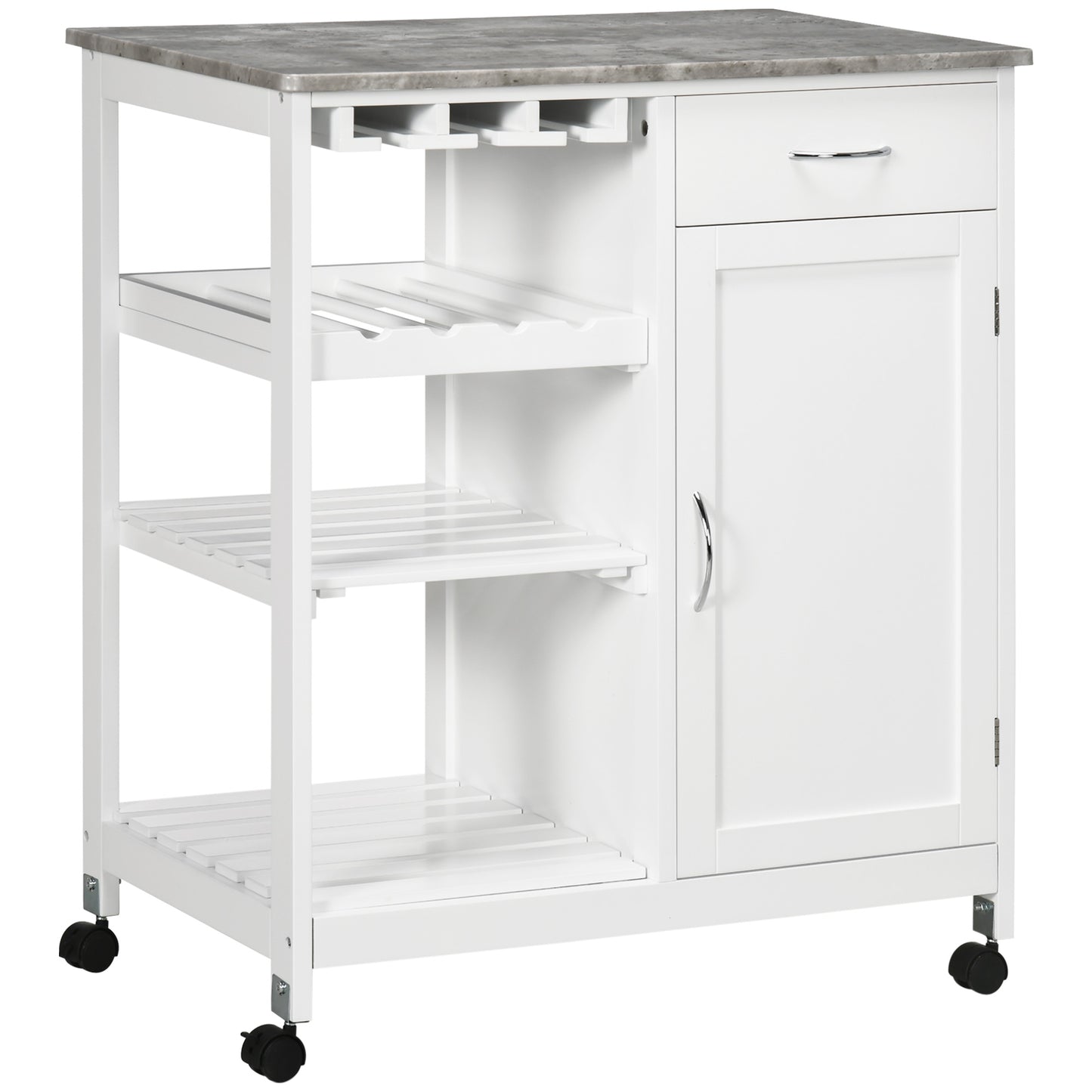 Rolling Kitchen Cart, Bar Cart on Wheels with Wine Rack, Drawer, Open Shelves, Cabinet and Faux Marble Top, Kitchen Isla
