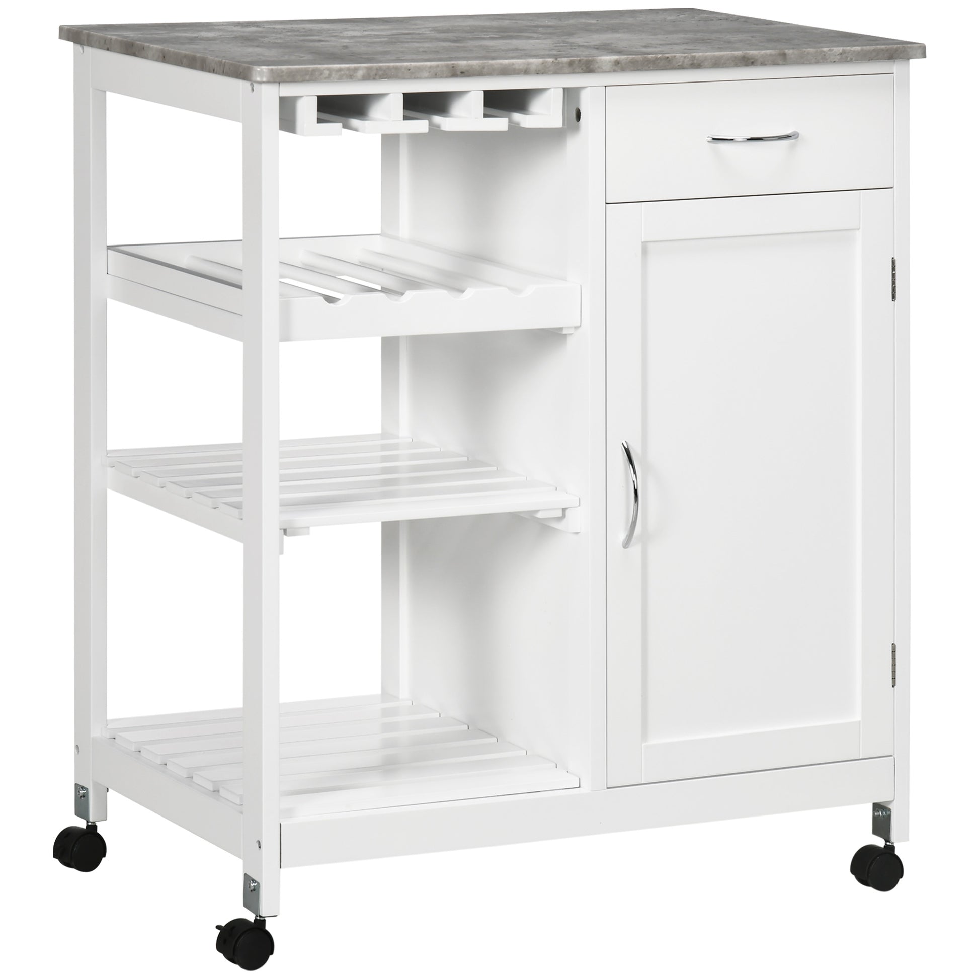 Rolling Kitchen Cart, Bar Cart on Wheels with Wine Rack, Drawer, Open Shelves, Cabinet and Faux Marble Top, Kitchen Isla