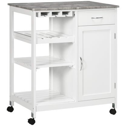 Rolling Kitchen Cart, Bar Cart on Wheels with Wine Rack, Drawer, Open Shelves, Cabinet and Faux Marble Top, Kitchen Isla