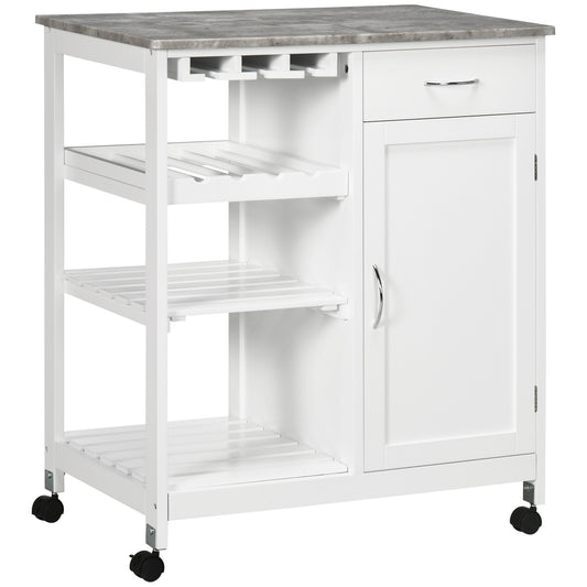 Rolling Kitchen Cart, Bar Cart on Wheels with Wine Rack, Drawer, Open Shelves, Cabinet and Faux Marble Top, Kitchen Isla