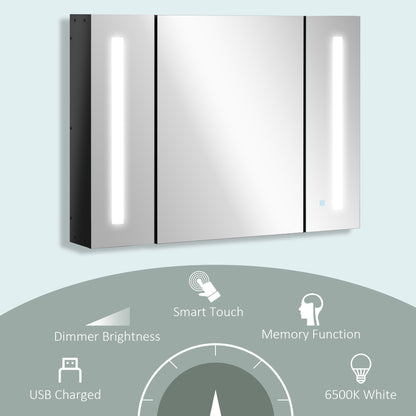 Bathroom Mirror Cabinet with LED and Adjustable Shelves, Wall Mounted Medicine Cabinet, High Gloss Black