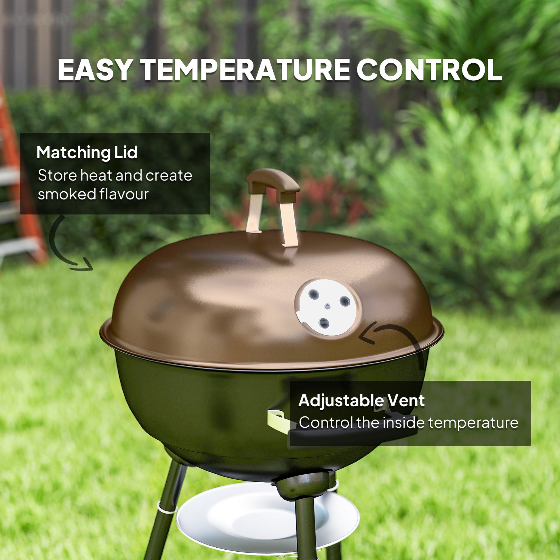 17" Kettle Charcoal BBQ Grill with BBQ Accessories, Barbecue Grill with Shelf, Ash Catcher, Wheels, Handles for Outdoor 
