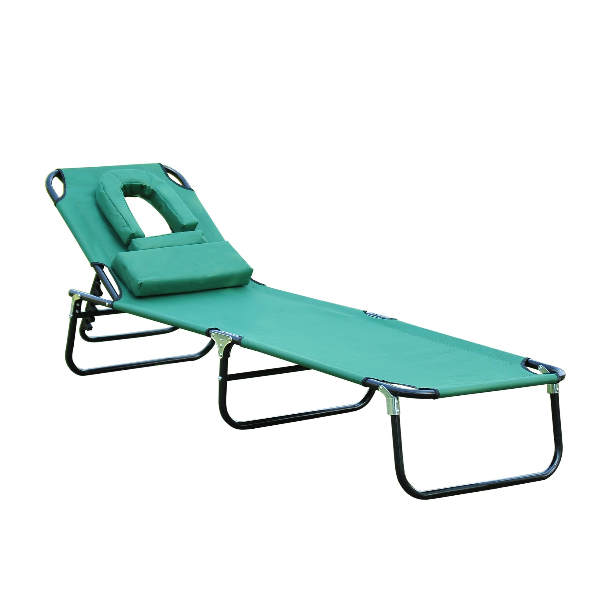 Folding Outdoor Lounge Chair, Portable Reclining Beach Lounger with Face Hole, Detachable Pillow, 3-Position Adjustable 