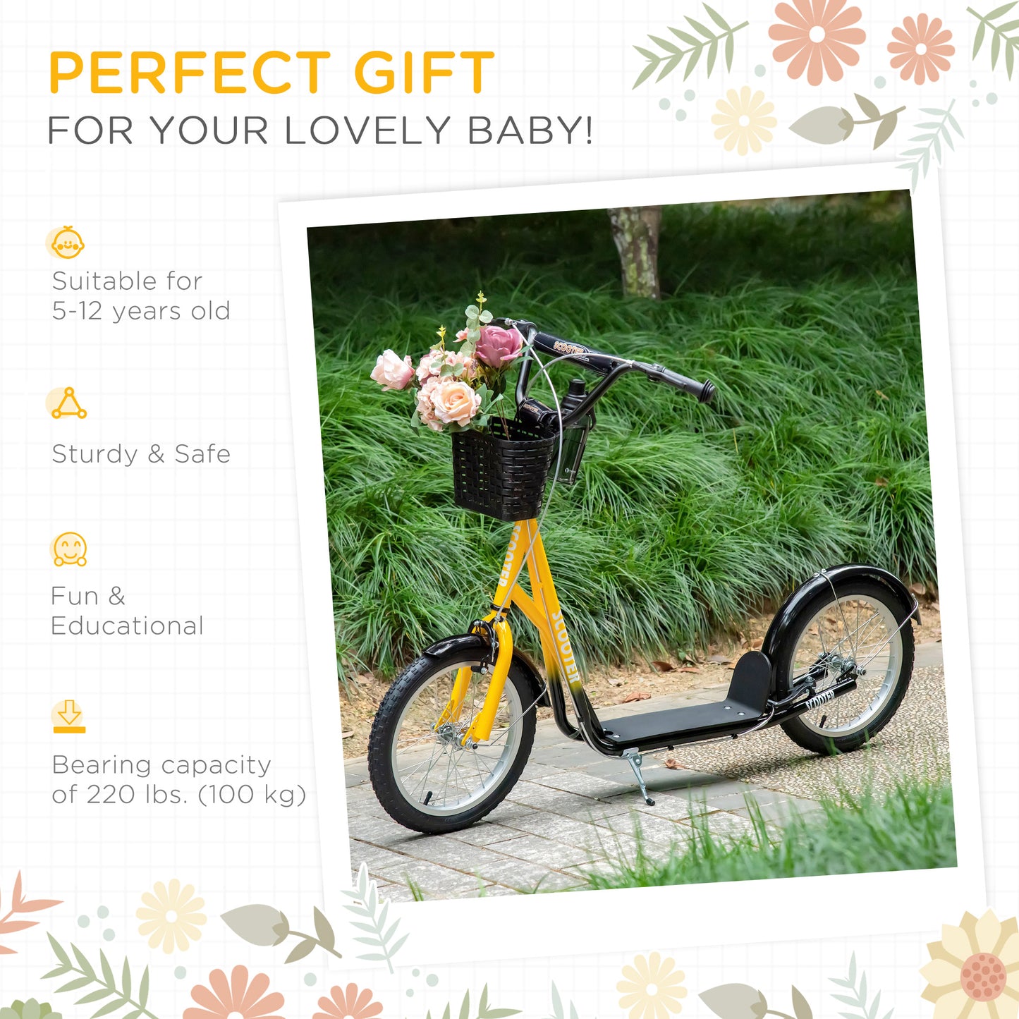 VarietyKart Kick Scooter with Adjustable Handlebar, Kids Scooter with 2 Brakes Basket Cupholder 16" Inflatable Rubber Ty
