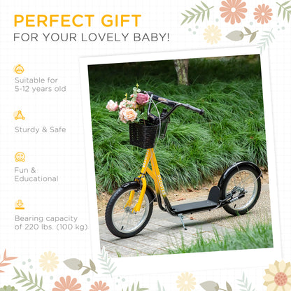 VarietyKart Kick Scooter with Adjustable Handlebar, Kids Scooter with 2 Brakes Basket Cupholder 16" Inflatable Rubber Ty