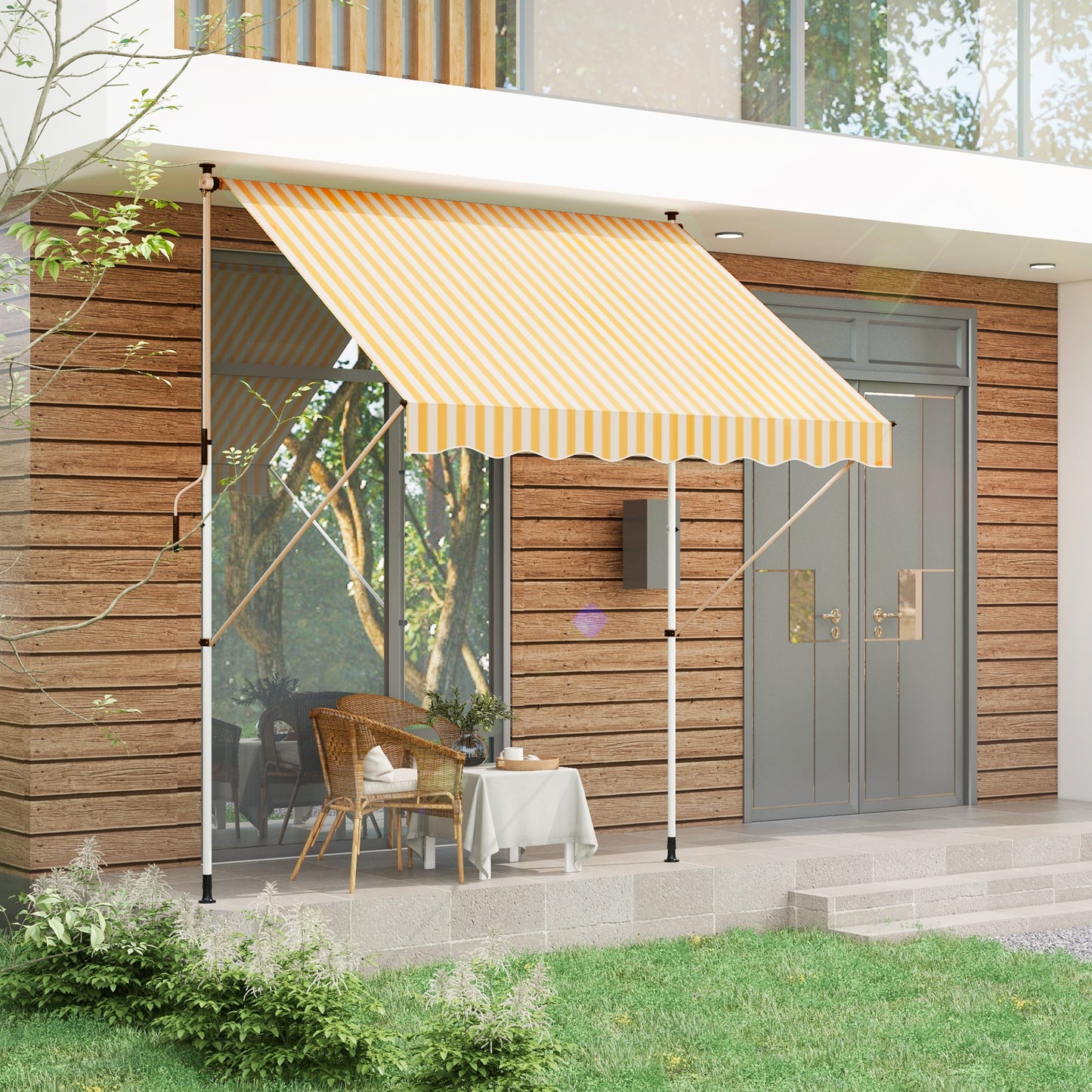 10x5ft Manual Retractable Awning, Patio Sun Shade Canopy Shelter with 5.6-9.2ft Support Pole, Water Resistant UV Protect