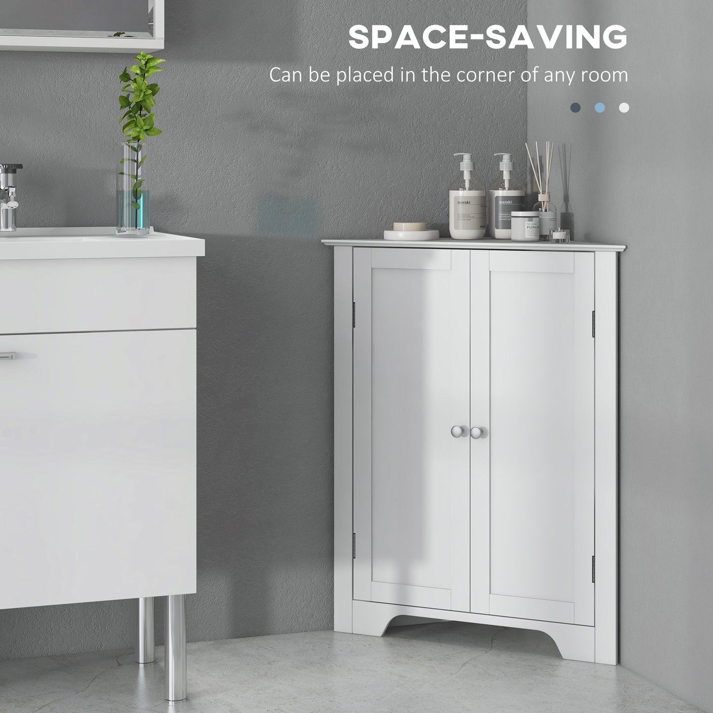 Modern Bathroom Storage Cabinet, Corner Cabinet with Doors, Bathroom Cabinet with Adjustable Shelf and Recessed Door, Wh