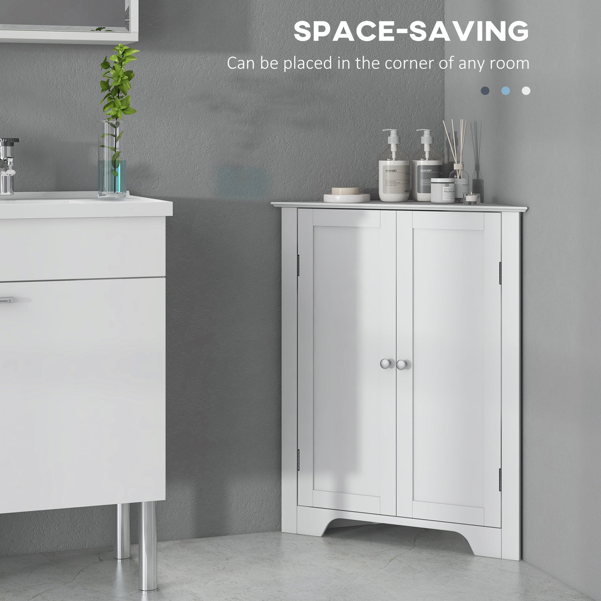 Modern Bathroom Storage Cabinet, Corner Cabinet with Doors, Bathroom Cabinet with Adjustable Shelf and Recessed Door, Wh