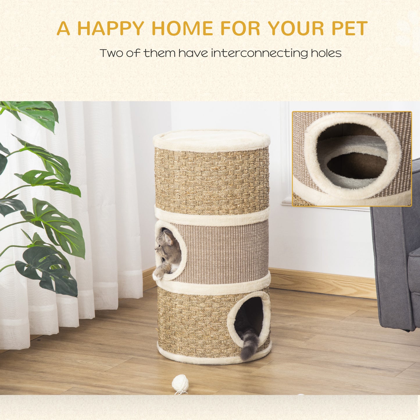 Cat Condo 3 Story Three Holes with Sisal Seaweed Scratching Cover Surface, Cat Tower for Indoor Cats, 15" x 28", Khaki a