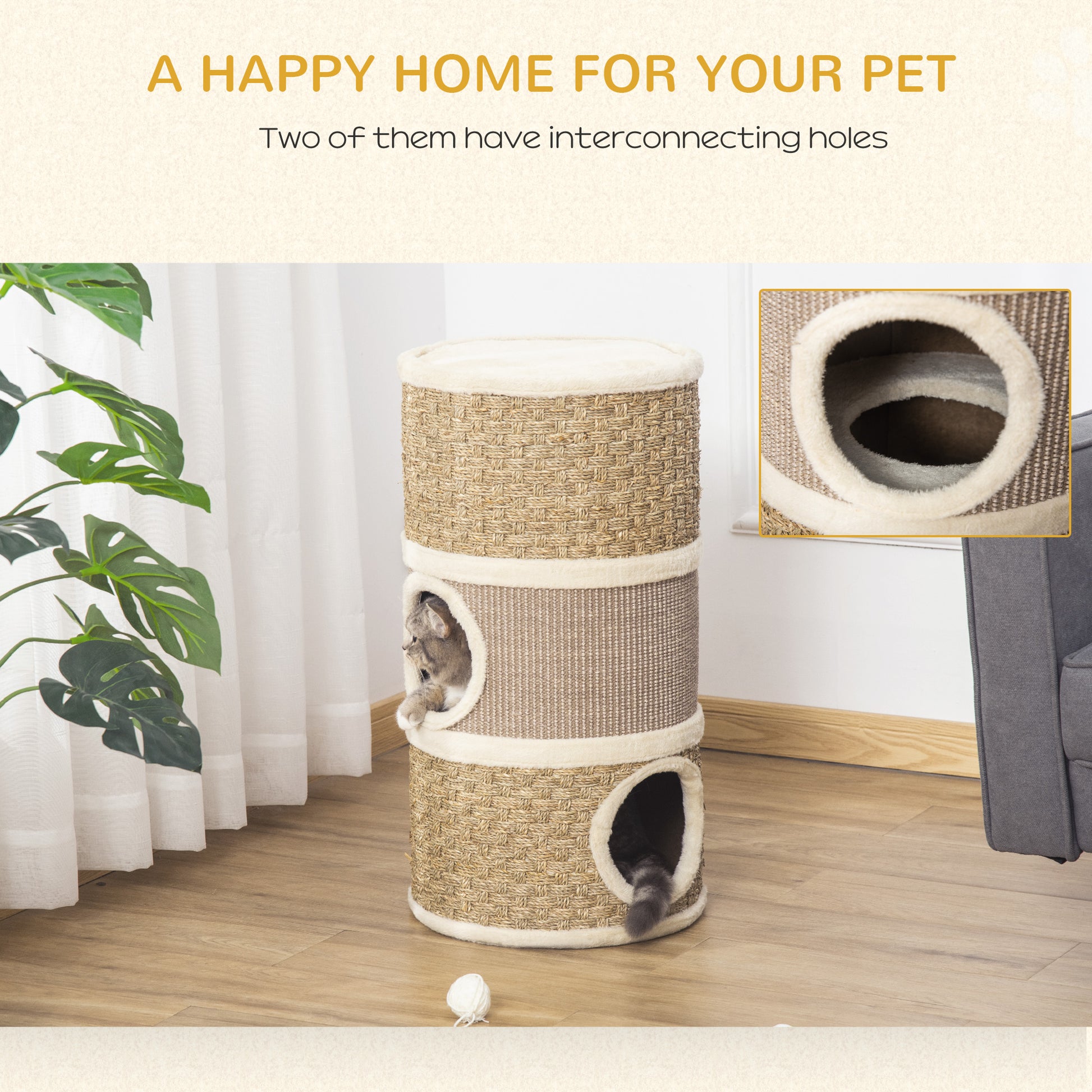 Cat Condo 3 Story Three Holes with Sisal Seaweed Scratching Cover Surface, Cat Tower for Indoor Cats, 15" x 28", Khaki a