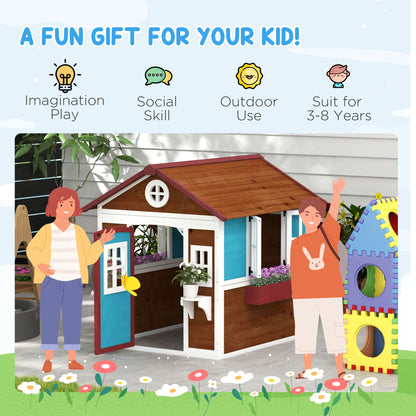 Wooden Playhouse for Kids Outdoor with Door, Windows, Planter Pots and Boxes for Toddlers 3-8 Years, Dark Brown