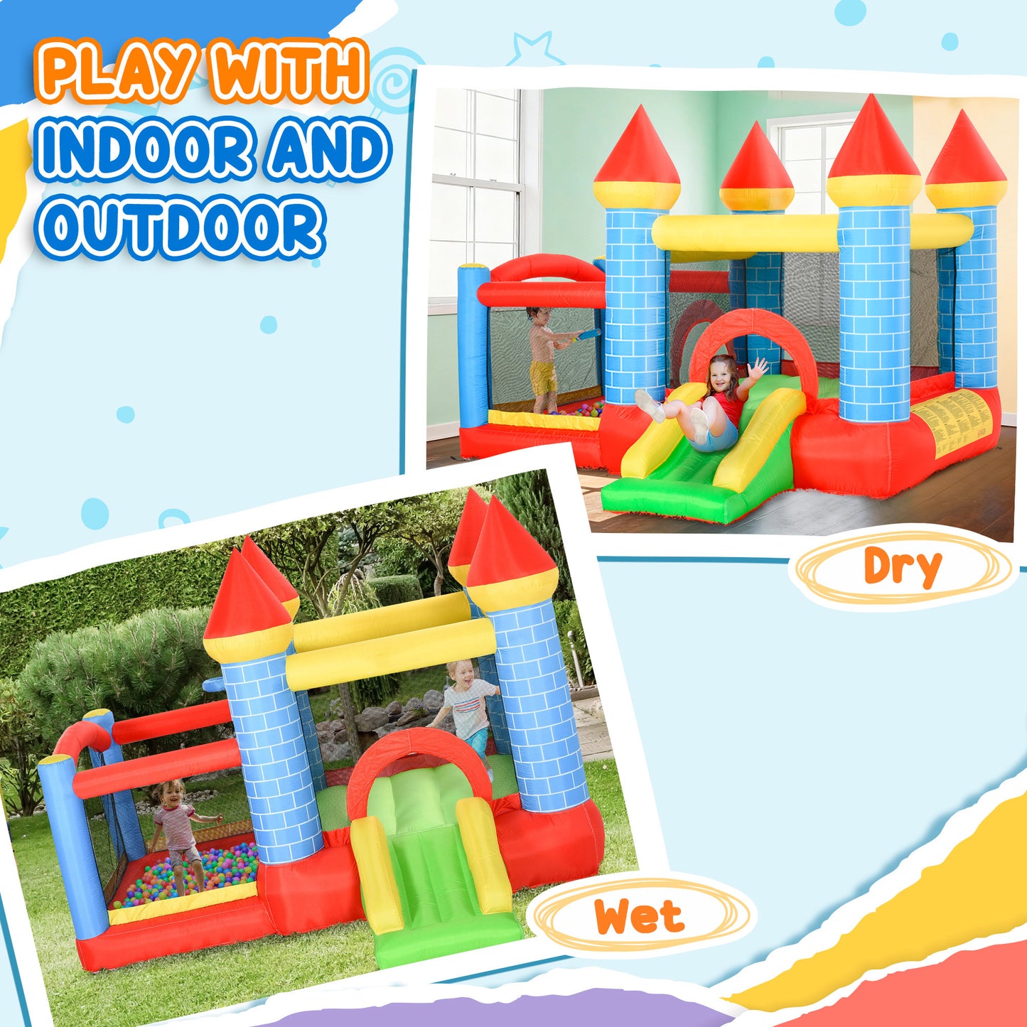 Qaba 9.2 x 9.5FT Bounce House, 4 in 1 Inflatable Bouncy Castle for Kids With Trampoline, Slide, Water Pool, Basket, Blow