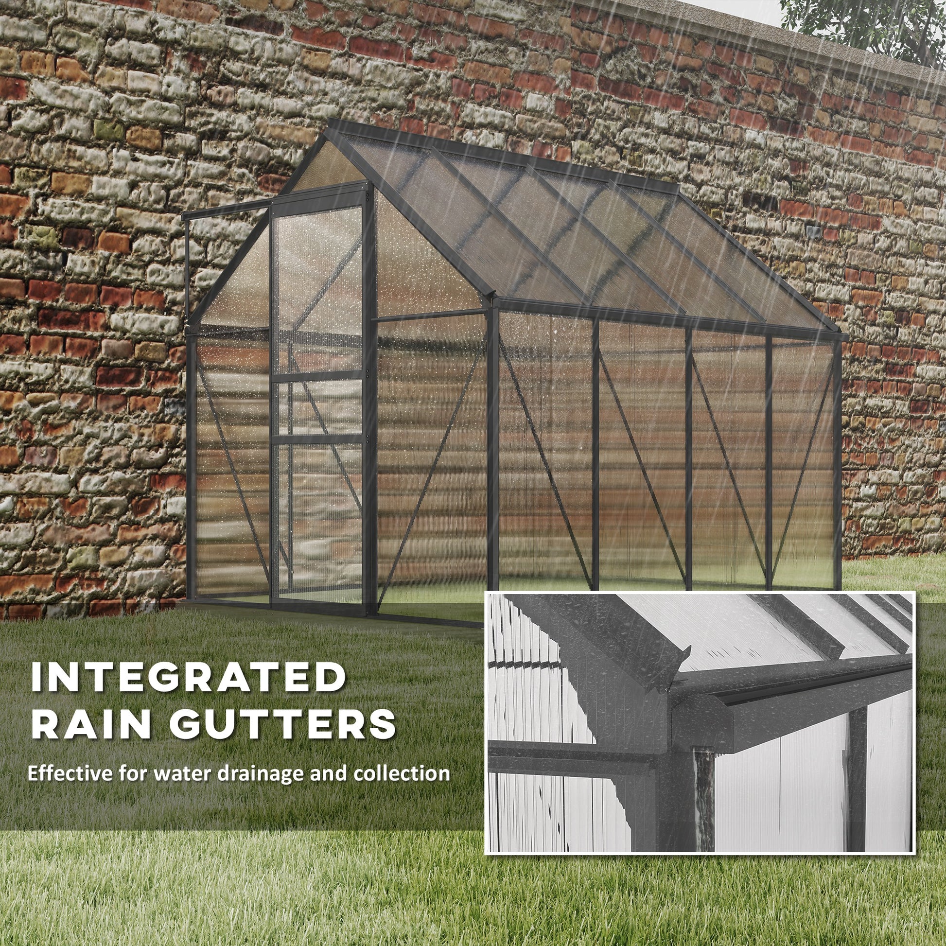 6' x 8' x 6.5' Polycarbonate Greenhouse, Walk-in Green House with Adjustable Roof Vent Galvanized Base Sliding Door Rain