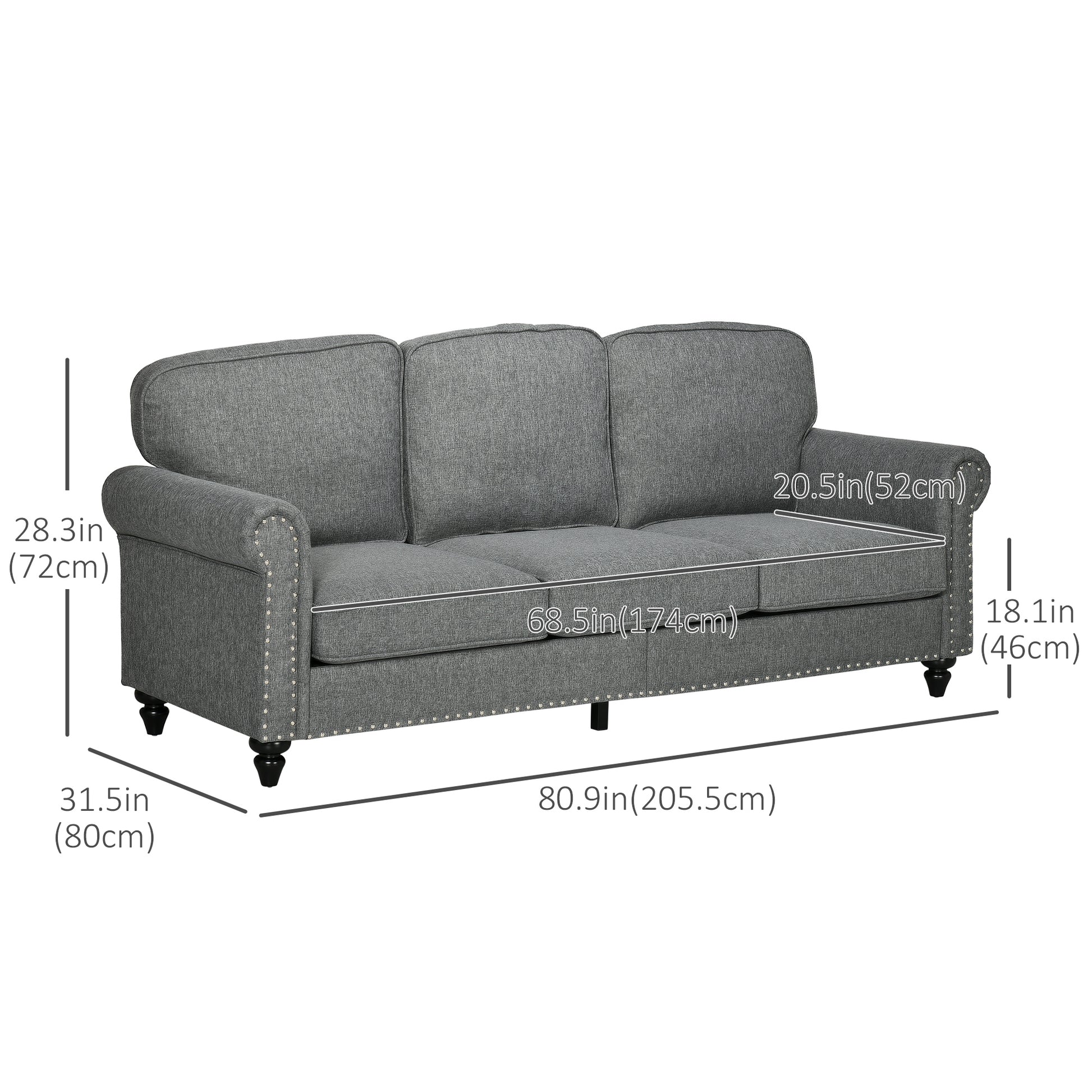 3-Seater Sofa Couch, 81" Modern Upholstered Linen Fabric Sofa with Rubberwood Legs, Nailhead Trim and Rolled Arms for Li