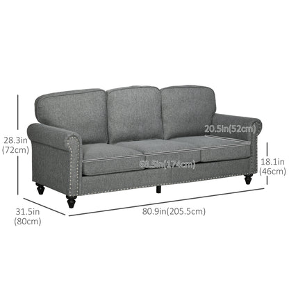 3-Seater Sofa Couch, 81" Modern Upholstered Linen Fabric Sofa with Rubberwood Legs, Nailhead Trim and Rolled Arms for Li