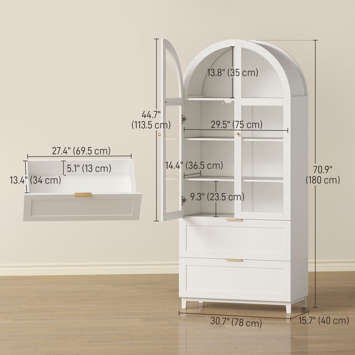 Arched Kitchen Pantry Cabinet, 71" Tall Farmhouse Kitchen Storage Cabinet with 2 Drawers, Acrylic Glass Doors, White
