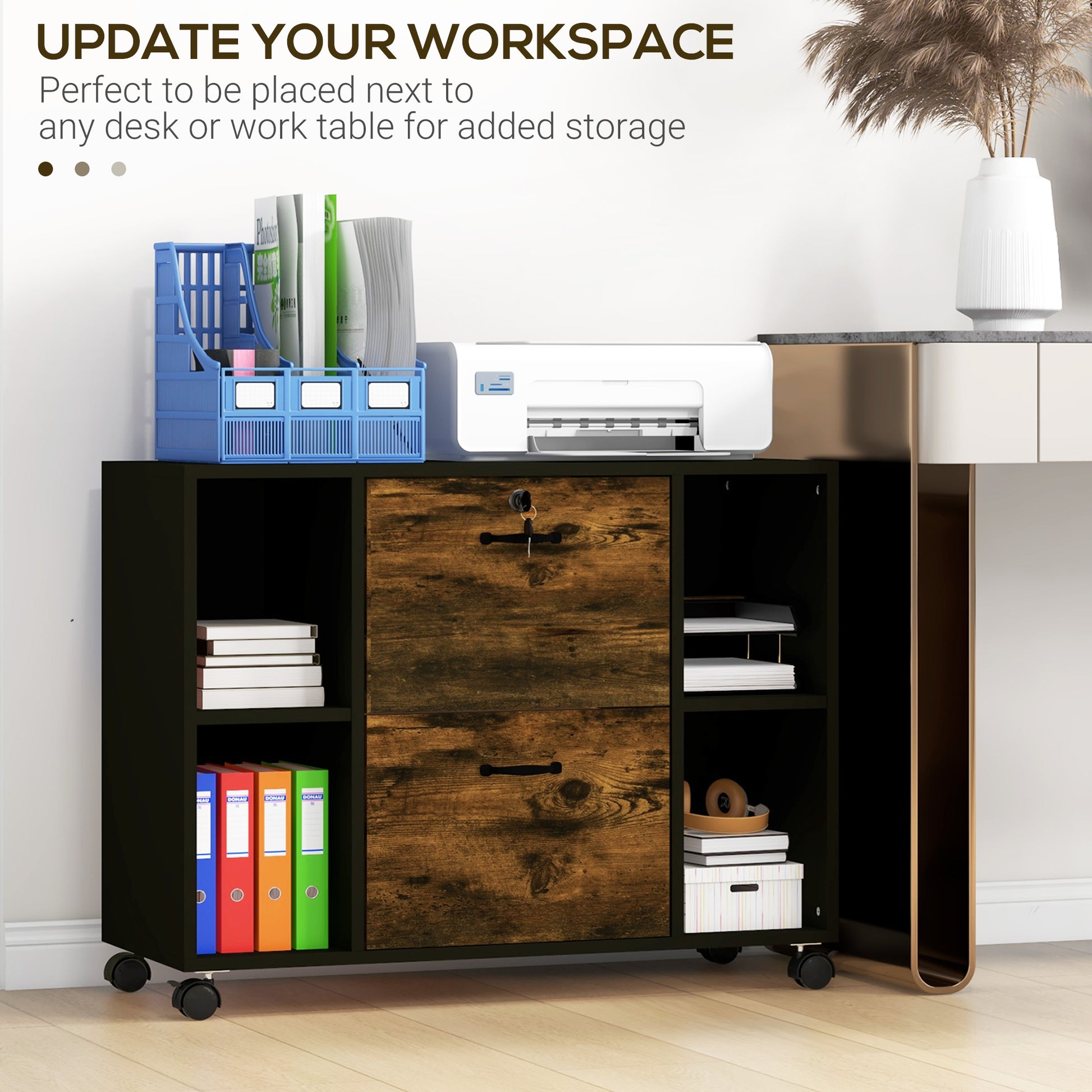 Lateral Filing Cabinet with Wheels and Lockable Drawer, File Cabinet, Mobile Printer Stand with Open Shelves for Letter 