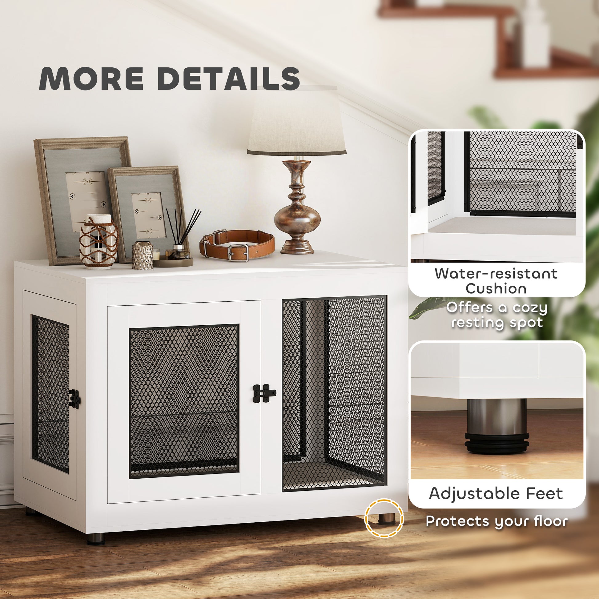Pet Crate End Table with Water-resistant Cushion or Large Medium Dogs, White