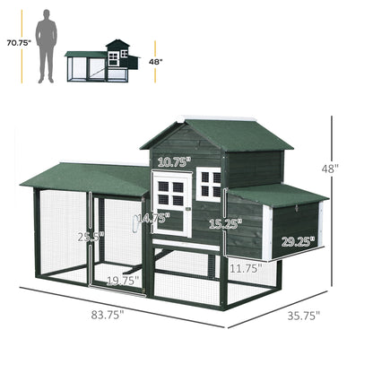 84" Chicken Coop Wooden Hen House Rabbit Hutch Poultry Cage Pen Outdoor Backyard with Nesting Box and Run, Green
