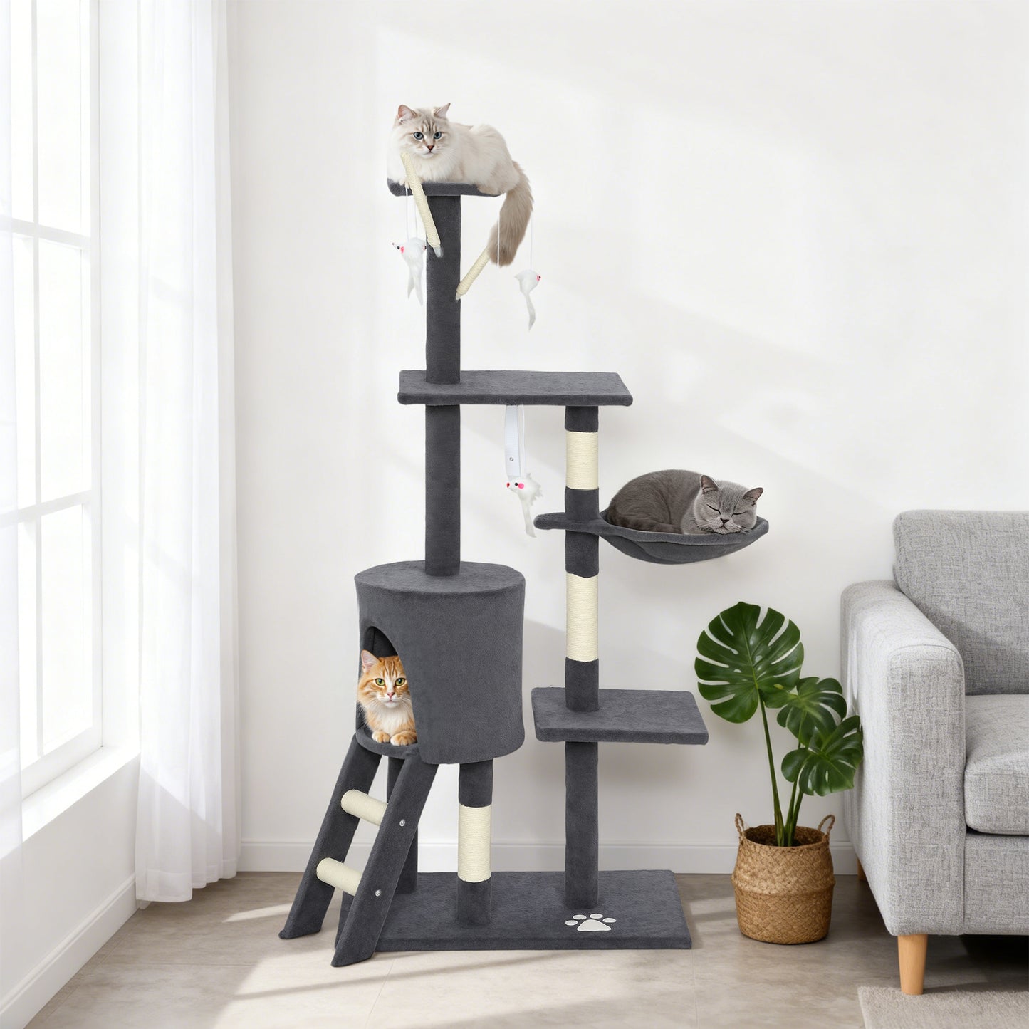 53" Cat Tree Tower, Kitten Activity Centre with Scratching Posts, Condo, Perches, Ladder, Hammock, Dangling Toys, Dark G