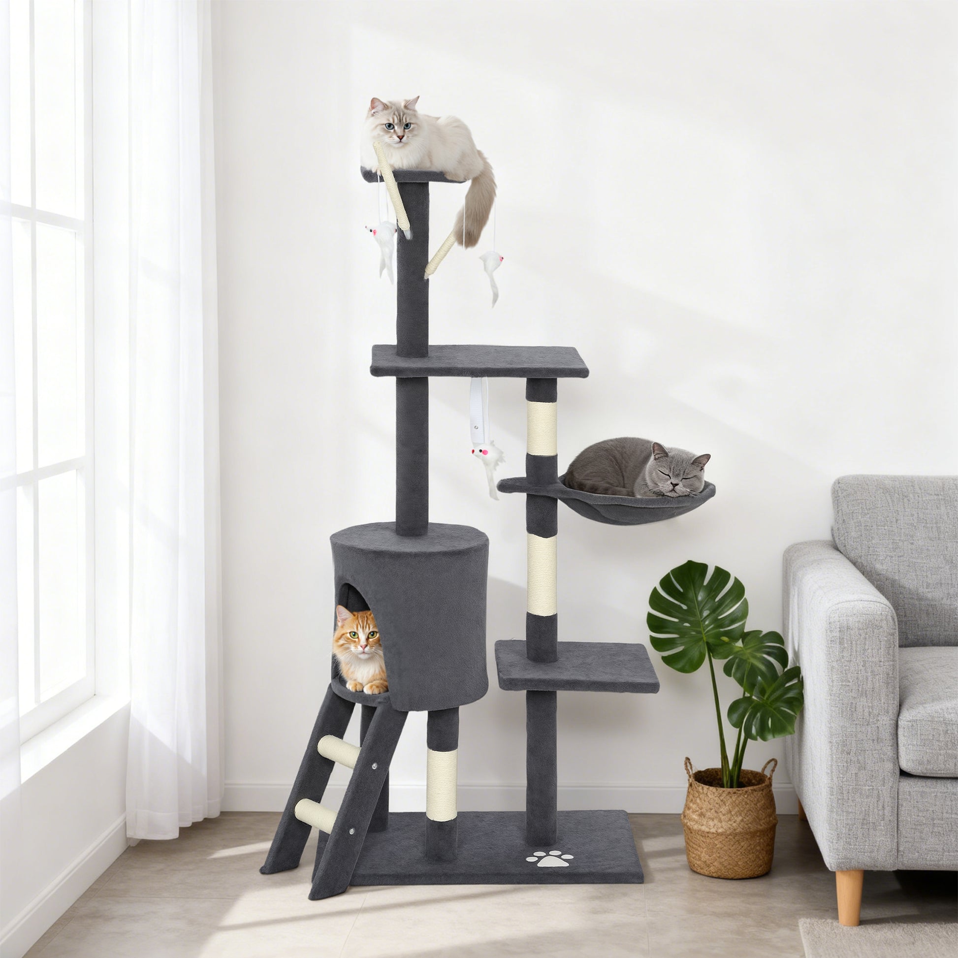 53" Cat Tree Tower, Kitten Activity Centre with Scratching Posts, Condo, Perches, Ladder, Hammock, Dangling Toys, Dark G