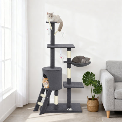 53" Cat Tree Tower, Kitten Activity Centre with Scratching Posts, Condo, Perches, Ladder, Hammock, Dangling Toys, Dark G