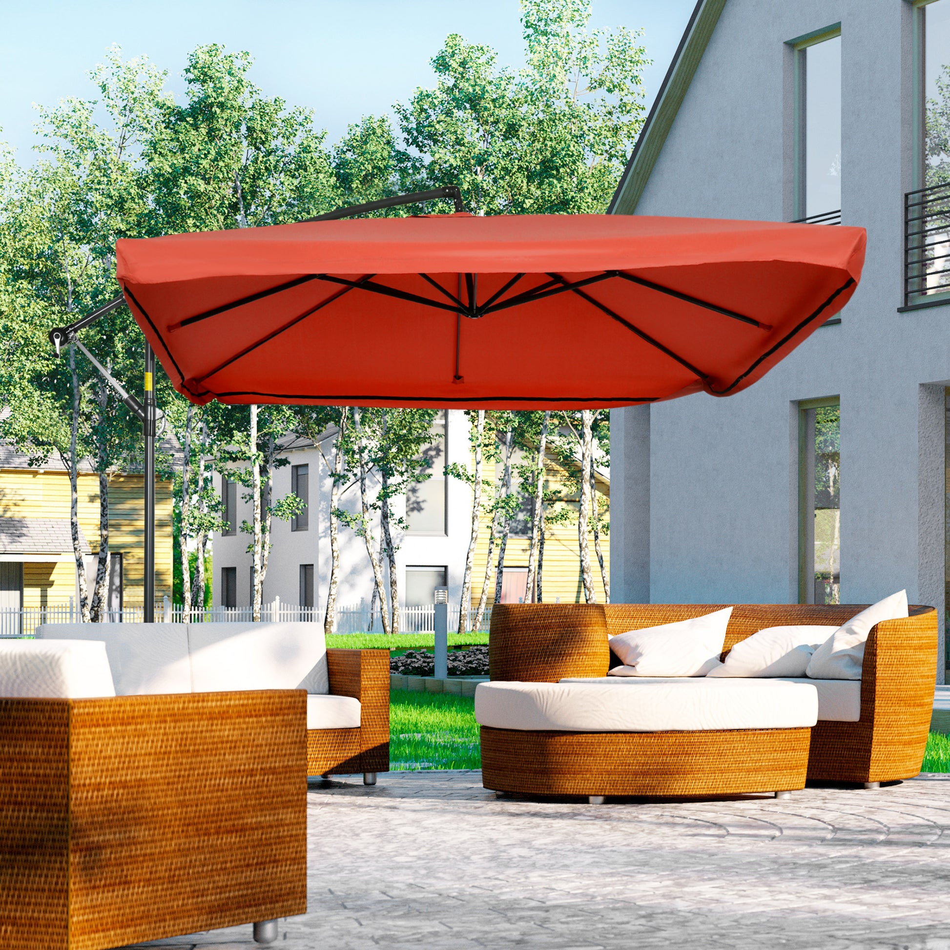Offset Patio Umbrella with Net and Umbrella Base, Adjustable Cantilever Canopy with Cross Base, Weight Plates and 8 Ribs