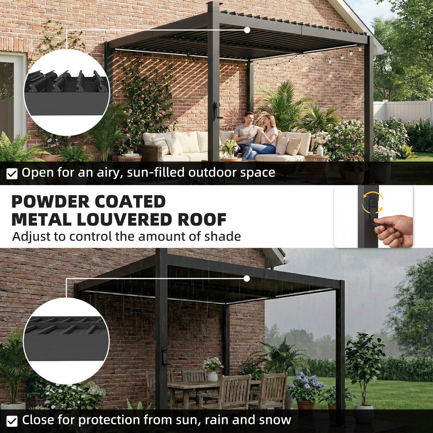 10 x 10 ft Louvered Pergola with Solar LED lights, Metal Roof, Outdoor Pergola Gazebo with Drainage Gutters, Black
