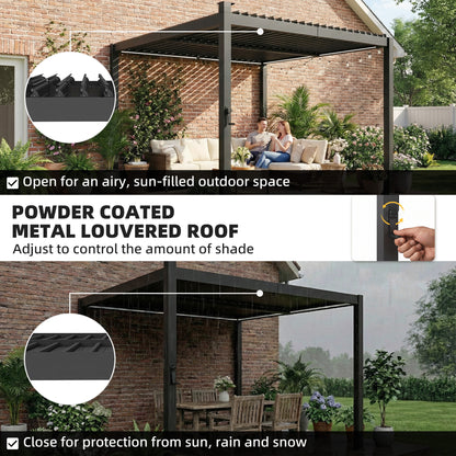 10 x 10 ft Louvered Pergola with Solar LED lights, Metal Roof, Outdoor Pergola Gazebo with Drainage Gutters, Black