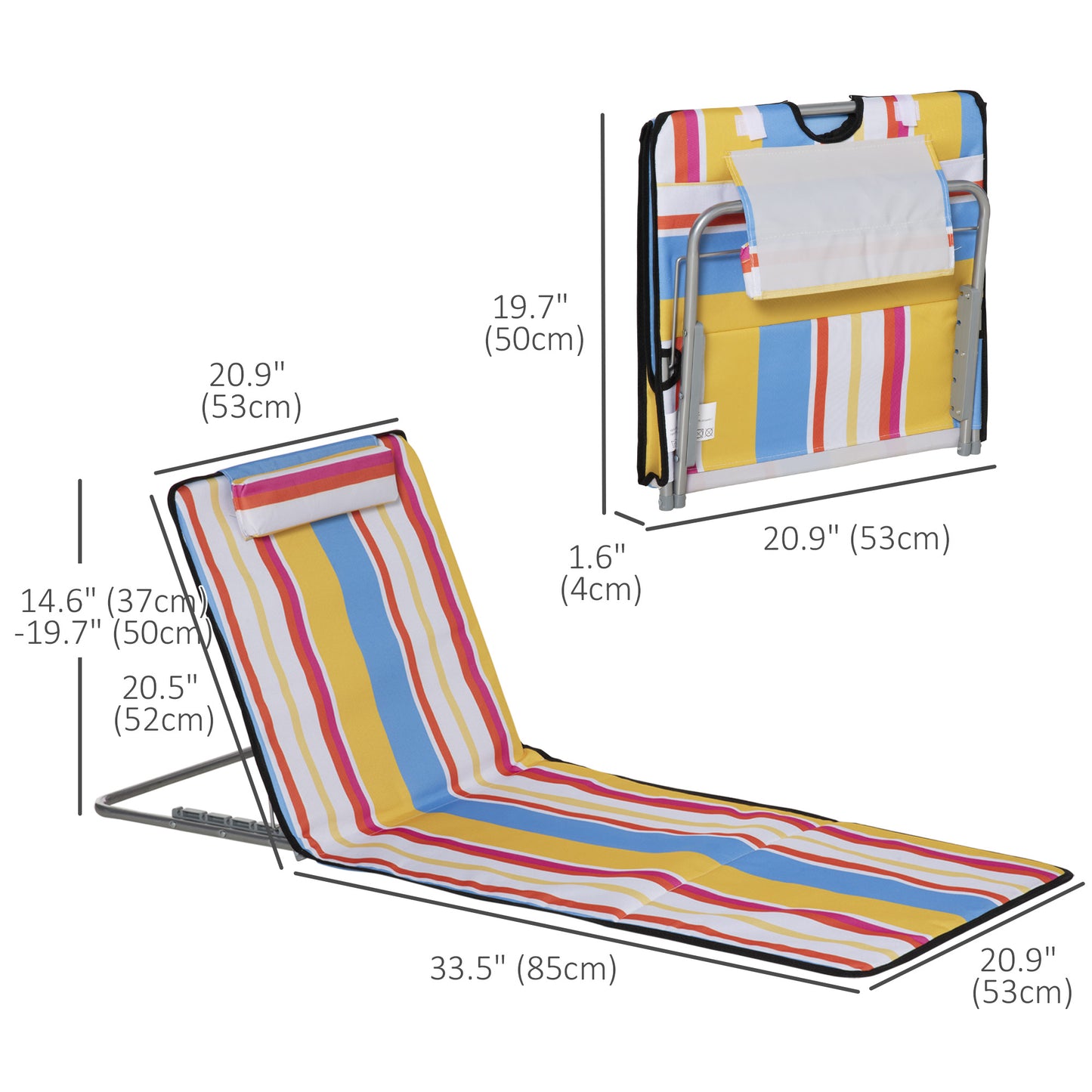 Set of 2 Beach Lounge Chair Sun Lounger Beach Mat, Padded Folding Ground Mat Lounge Chair w/Adjustable Back, Steel Frame