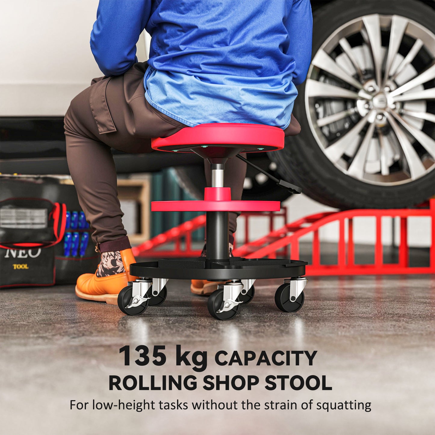 Rolling Garage Stool, 300 LBS Capacity Mechanic Stool with 2.5" Wheels, Tool Trays Storage, Adjustable Height, Red