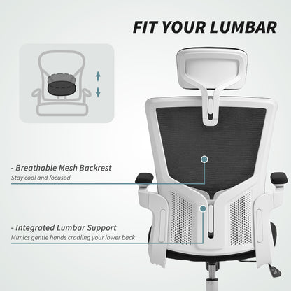 Ergonomic Office Chair, Swivel Desk Chair with Adjustable Lumbar Support, Headrest and Height, Flip-up Armrests, Black