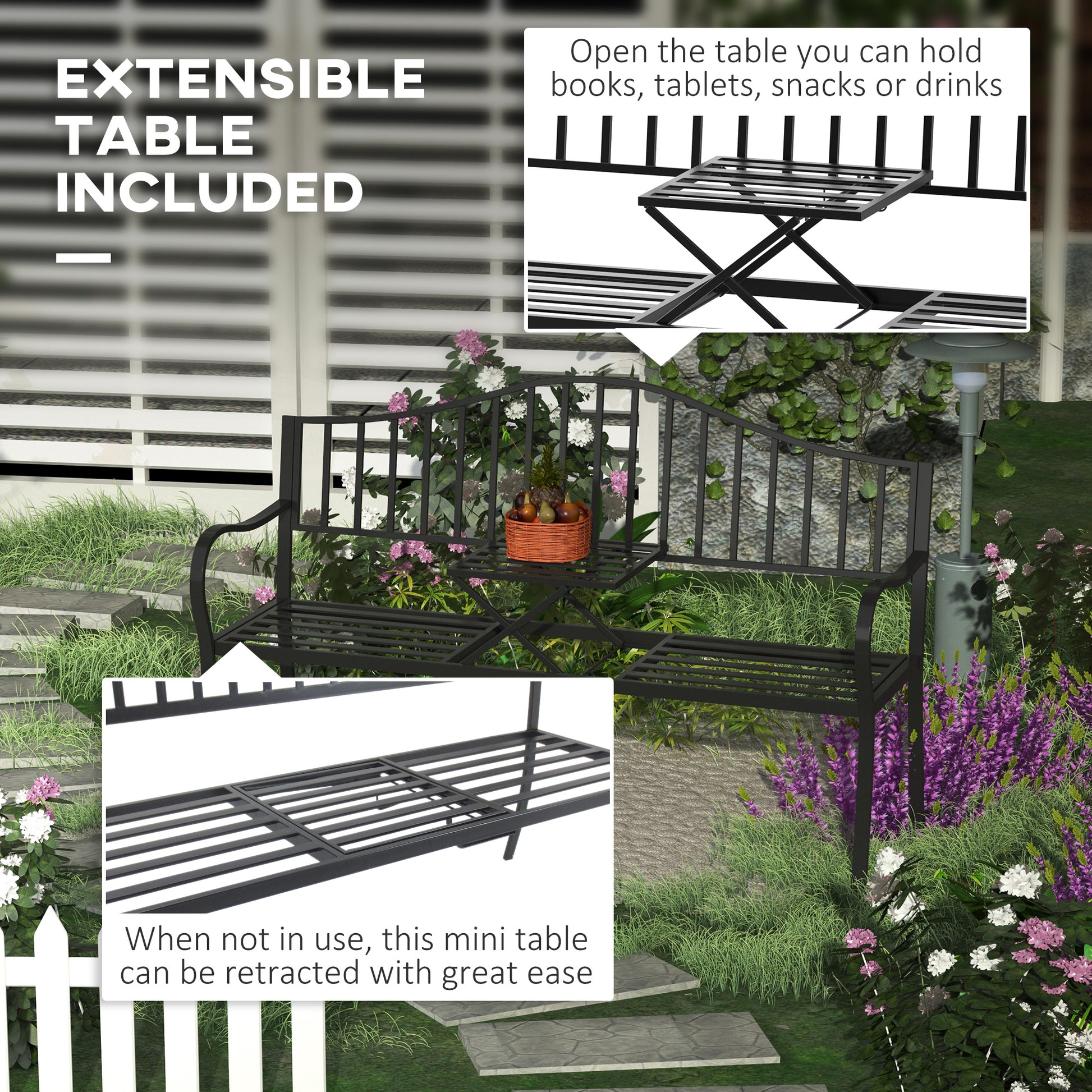 Outdoor Bench with Retractable Middle Table, Metal Frame Patio Loveseat with Slatted Seat and Backrest, Curved Armrests,