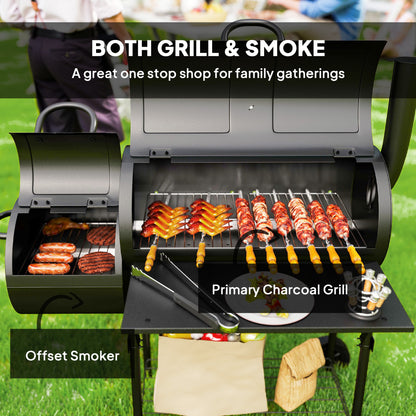 Portable Outdoor Charcoal BBQ Grill with Offset Smoker, Barbecue Grill with Spacious Cooking Area, 2 Shelves, Thermomete